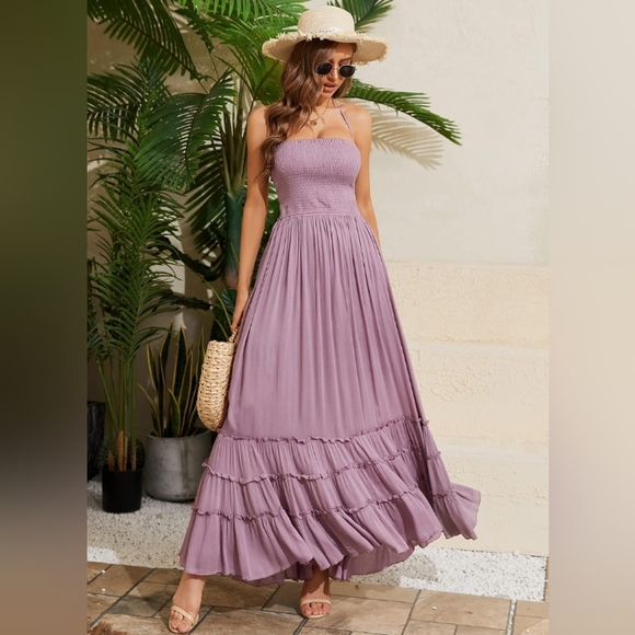 Lavender Lilac Long Gauze Boho Maxi Dress Tiered Flowy Bohemian Beach Vacation - Picture 9 of 15